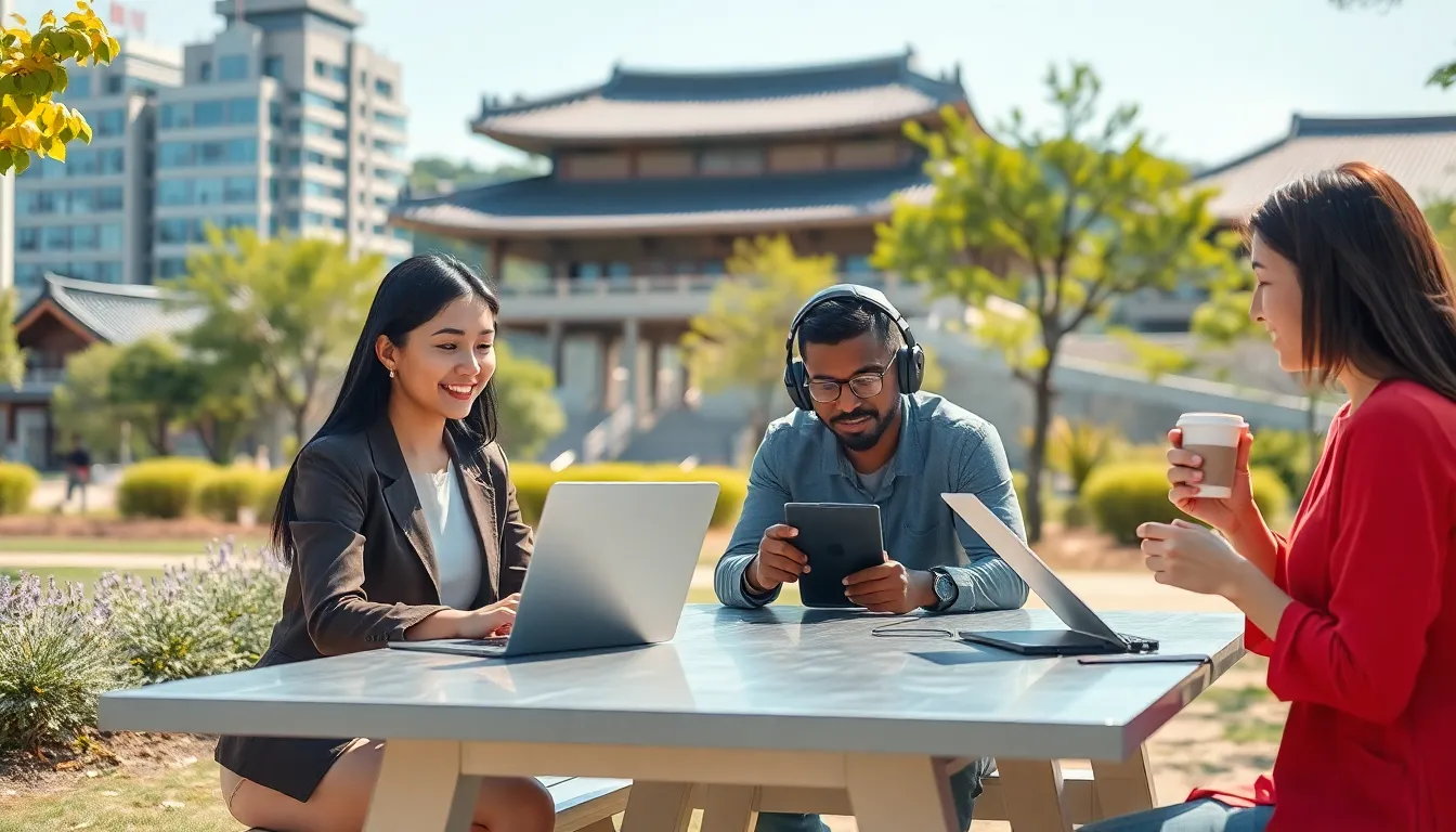 diverse group of digital nomads working in a Korean park.